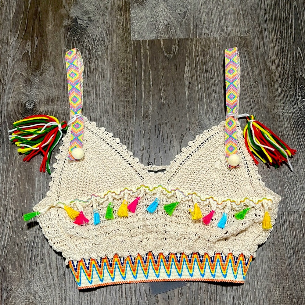 NWT Crochet Knit Bralette Top Tassels Neon Colorful Elastic Waistband O/S